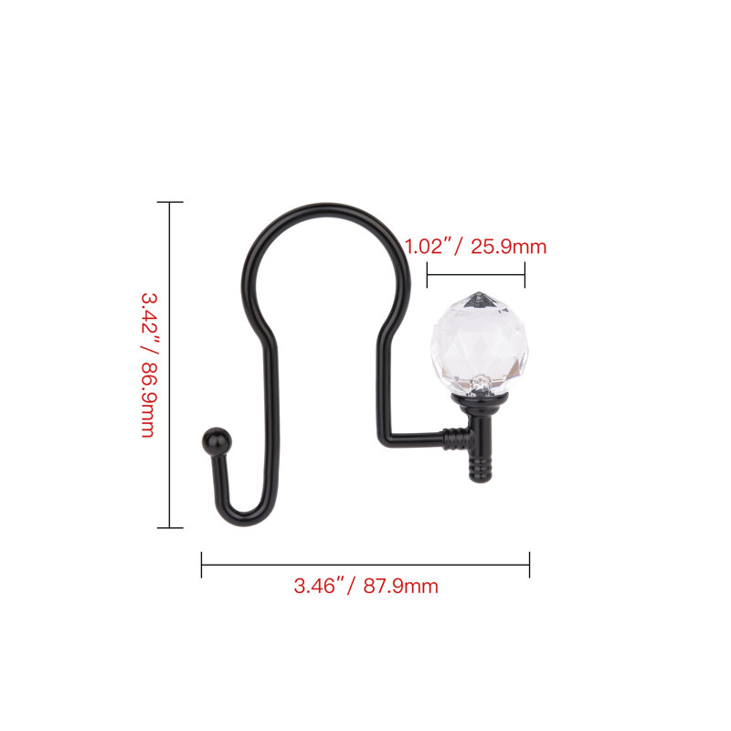 Matte Black Double Shower Curtain Hooks with Crystal Design