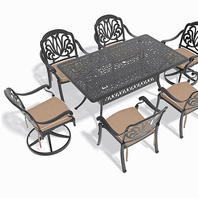 7-Piece All-Weather Cast Aluminum Dining Set, Include 2 Swivel Chairs,4 Dining Chairs and Rectangular Table With Black Frame(same sku:W1710S00367)