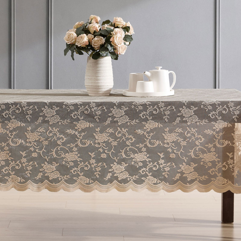 Winston Porter Marlow Floral Lace Fabric Tablecloth, Lace Fabric Table Cloth for Round Tables, Wrinkle Resistant Tablecloth, Patterned Scalloped Tablecloth (Round, Linen Taupe)