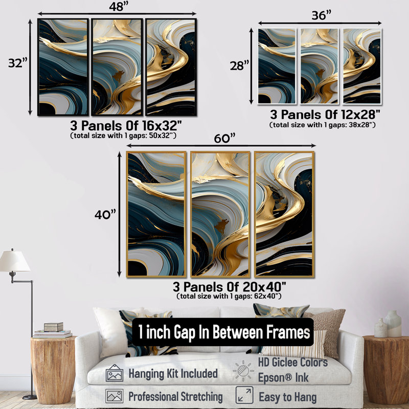 Future Tide Sunshine Reflection - Abstract Modern Waves Wall Art Set, 28" H x 36" W x 1" D, Silver Floater Framed