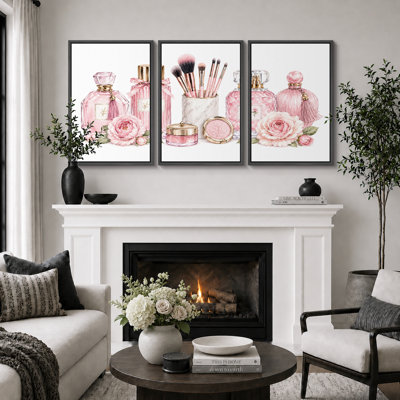 Pink Perfume And Makeup Vanity Floral Artwork, Bedroom Pictures, Framed Canvas Giclee Print 3 Pieces Wall Art