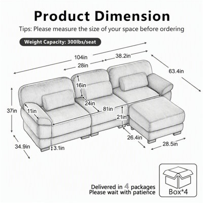 Cloud Couch Oversize L-Shaped Modular Sectional Sofa, 3-Seater Sofa with Ottoman, Comfy Thick Seat Cushions, Breathable Corduroy Fabric, Black for Living Room Bedroom Apartment