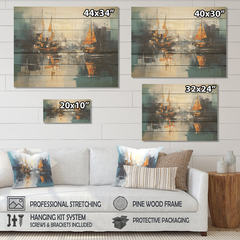 Moonlight Saiboat Collage Horizon I - Boat Sailing On Wood Print, 10" H x 20" W