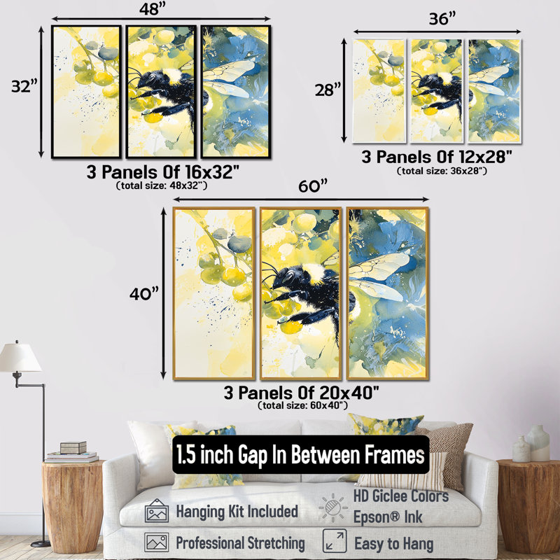 Busy Wings Bee Watercolor - ensemble d'art mural abeille, 28" H x 36" W, Reproduction avec cadre flottant, Blanc