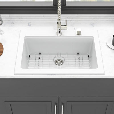 30X22" White Quartz Drop - In Kitchen Sink Workstation, High End Composite, Rounded Corners For Easy Wiping, Smooth Surface, , Comes With Drying Rack And Strainers Material, Eliminates Noise, Bottom