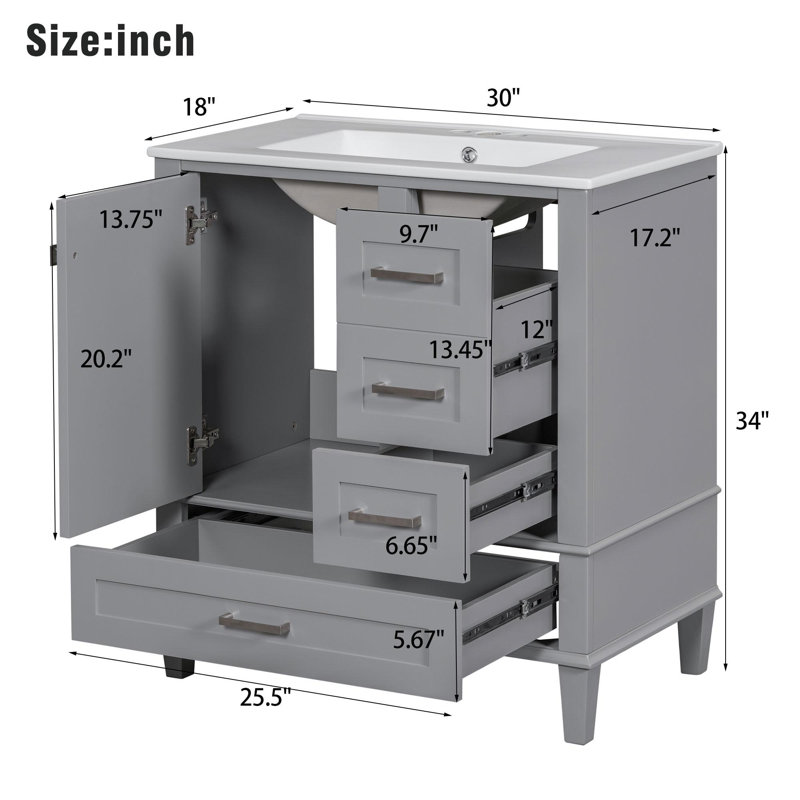 Meuble-lavabo avec rangement, Gris, Argent argent, 30"