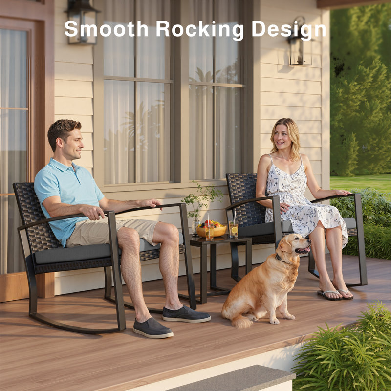 2-Person Steel Rocking Patio Set with All-Weather Wicker Back, Cushions & Coffee Table, Gray