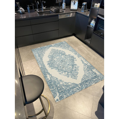 Blue Beige Oriental Vintage Look Woven Base Decorative Carpet