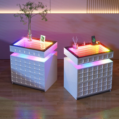 50cm W Bedside Table with 3D Mirror Abyss and Sensor RGB Lighting, 2-Drawer Bedside Table with Hidden Storage And Lockable