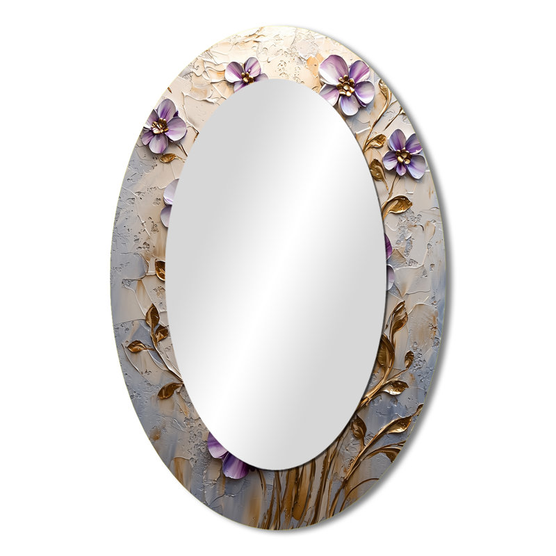 Purple Lilac Golden Flowers Melody II - Floral Oval Decorative Mirror On Metal, 36" x 24"