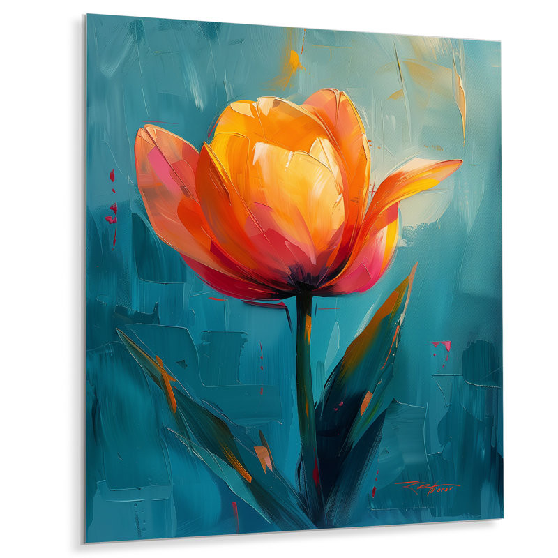 «Orange Orange Vibrant Bloom Tulips I», art mural tulipes, Sans cadre, métal, H 32 po x l 16 po x P 1 po