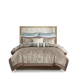  12 Piece Bedding With Cotton Sheets In Blue/Brown. Contains Comforter, Euro Shams, Pillows, Bed Skirt.  Blue/Brown Comforter And Sheet . Comprises Decorative  