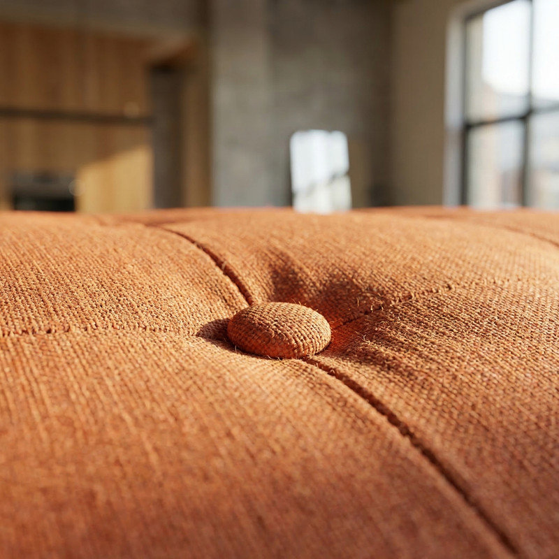 Causeuse Mid-Century moderne - Piquage gaufré à boutons, pieds fuselés en bois, Orange