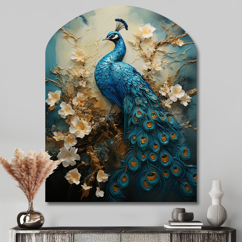 Décoration murale en métal Thamim - Peacock Arch, impression asymétrique bleue sur métal, H 43 po x l 33 po