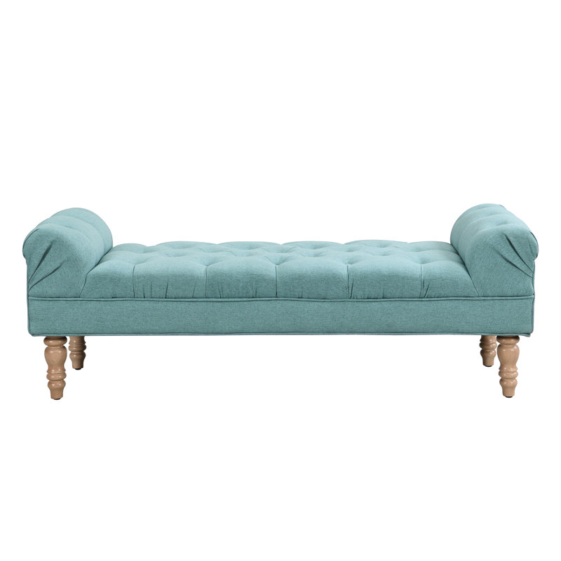 Grand banc rembourré capitonné bleu sarcelle avec boutons de siège confortables, accoudoirs roulés avec repose-pieds et revêtement de peau pour le piano de salon