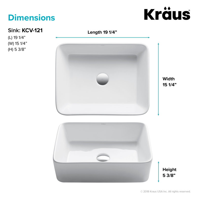 KRAUS Elavo Modern Rectangular Vessel Porcelain Ceramic Bathroom Sink, 19 inch (2-Pack)