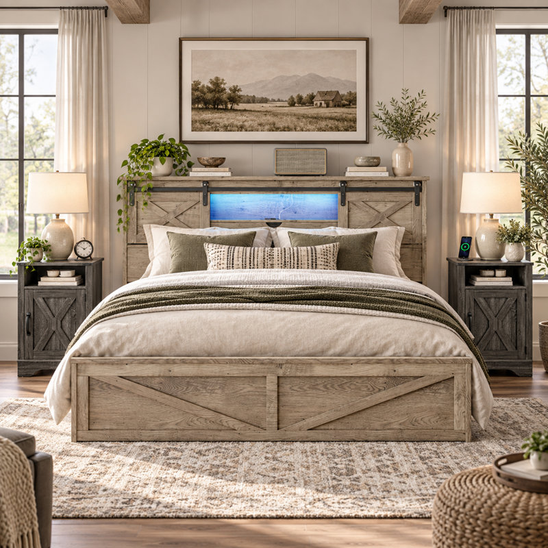 3-Pieces Bedroom Sets ,Farmhouse Bed Frame Queen Size With LED Lights And Charging Station,Nightstands Set Of 2 With 2-Drawer