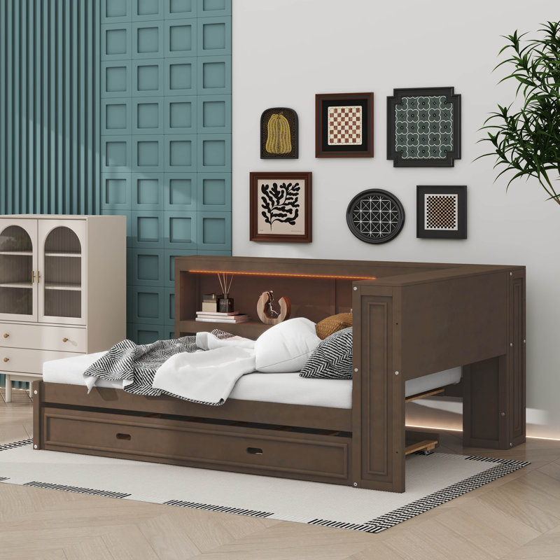 Full-Size Wooden Daybed With Built-In Shelves USB Ports LED Lighting And Pull-Out Trundle, Antique Wood