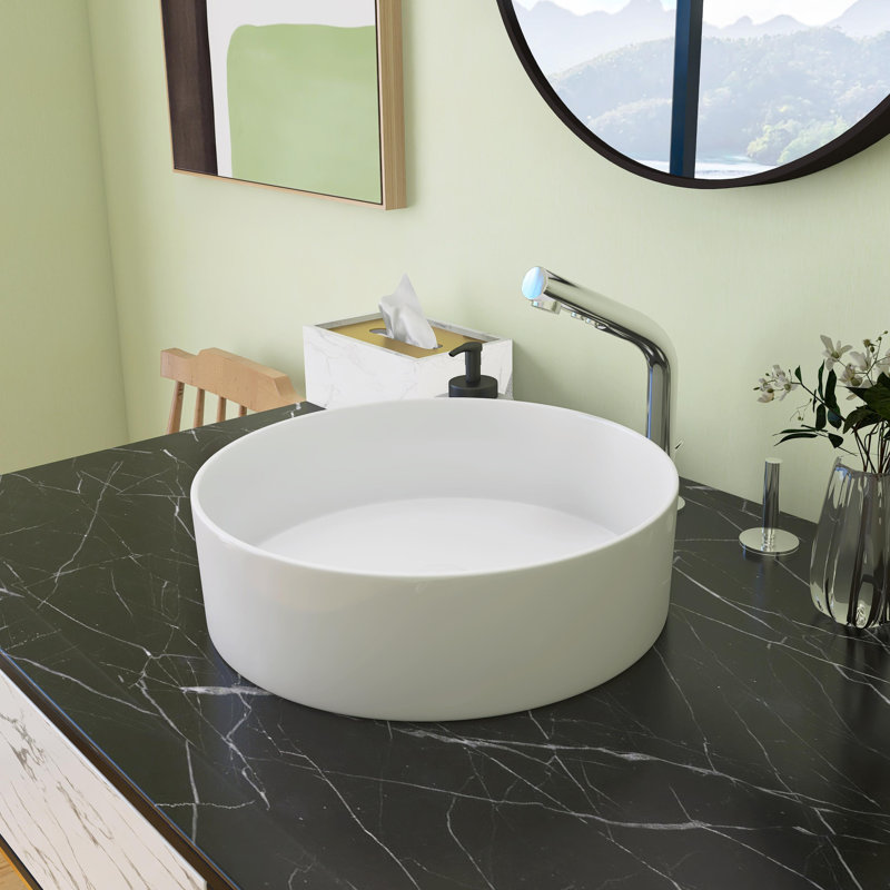 Beingnext 15.71'' Ceramic Circular Semi-Recessed Vessel, Trough, Vessel Bathroom Sink, Glossy White, Glossy White