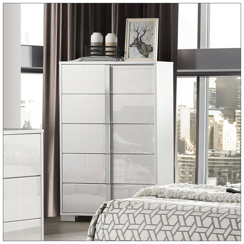 Mobilier de chambre à coucher de style contemporain avec finition UV et commode chromée 1pc, Blanc