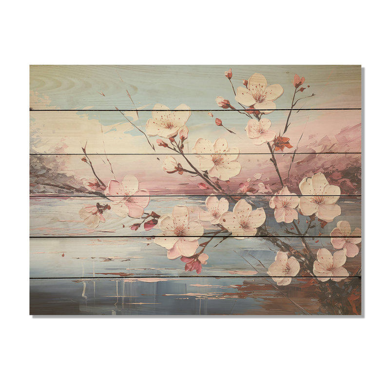 Pommier en fleurs, arbre I - champ de fleurs, art mural sur bois de pin naturel, H 24 po x l 32 po