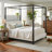 Queen Size Canopy Bed Luxury Contemporary Style Jet Black Metal Frame With Plush White Bouclé Upholstery