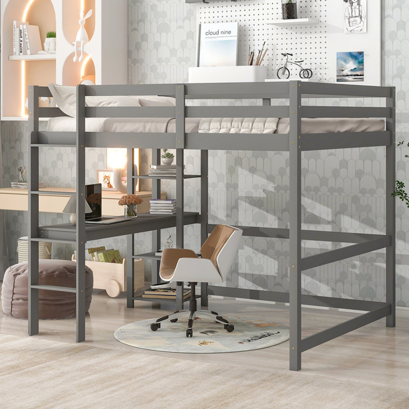 Lit mezzanine avec bureau, tablettes et échelle, Gris