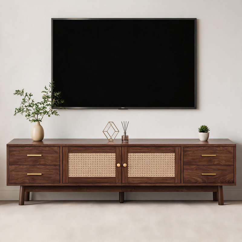 Meuble télé brun avec porte en rotin pour téléviseurs de moins de 80 pouces