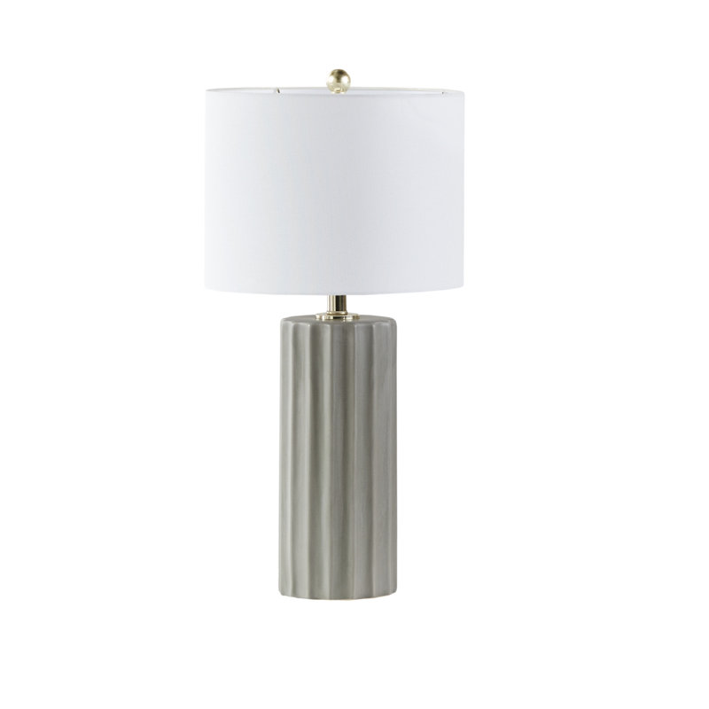 Gray Ribbed Ceramic Table Lamp with White Drum Shade