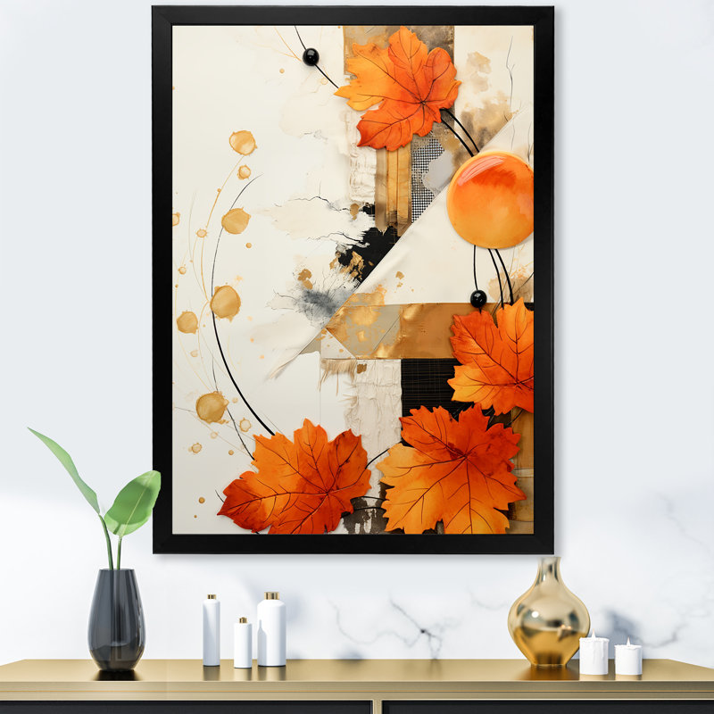 Art floral orange et blanc I - Collages abstraits, art mural, Cadre simple noir, H 20 po x l 12 po x P 1 po