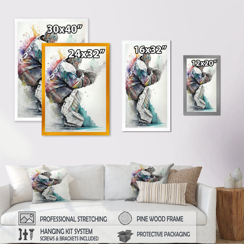 Hockey Gardien pendant le jeu IV - Impression sur toile, H 32 po x l 24 po x P 1 po, Encadrement doré
