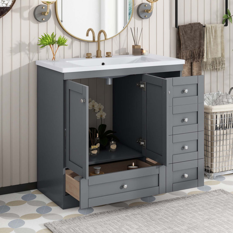 Armoire de meuble-lavabo autoportante de 36 po de style Shaker avec lavabo, 4 tiroirs à fermeture douce et 2 portes à fermeture douce