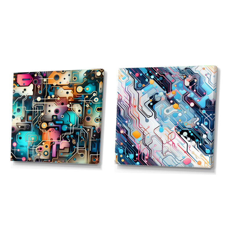 Techno Matrix Futuristic Dreams Edm Pattern - Abstract Collages Square Collage Set Of 2, Wrapped Canvas, 16" H x 33" W