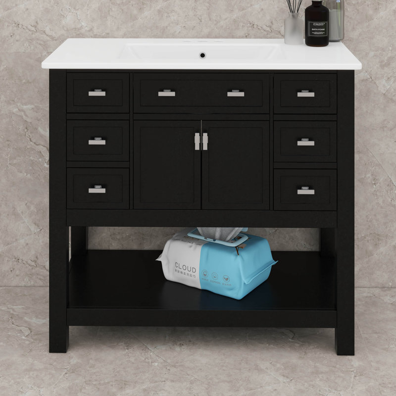 Meuble-lavabo 36 po avec lavabo supérieur, armoire de rangement pour salle de bain avec 2 portes à fermeture douce et 6 tiroirs