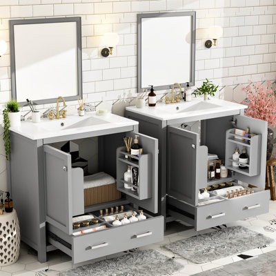 Meuble-lavabo gris 60 po avec lavabos doubles en céramique et tablette spacieuse - meuble de rangement élégant