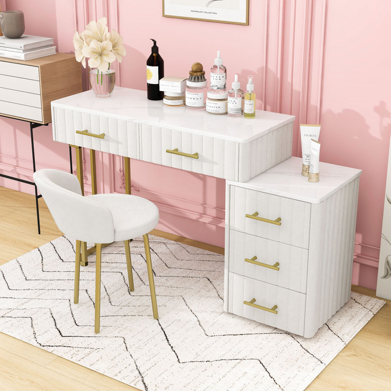 Bureau de meuble-lavabo rembourré avec fauteuil et 5 grands tiroirs, Beige