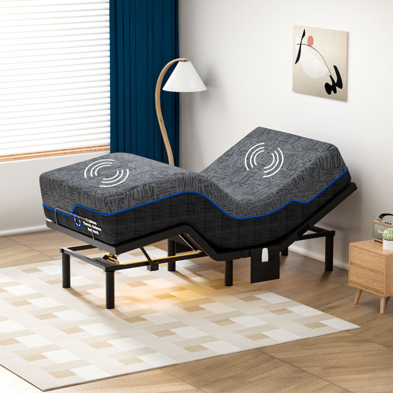 Cadre de lit réglable avec matelas en mousse viscoélastique gélifiée, cadre de lit électrique avec massage et télécommande sans fil, housse en tissu graphène, soulagement de la pression, matelas dans une boîte