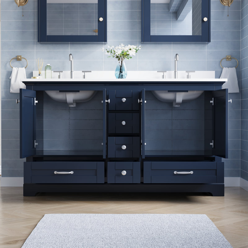 Meuble-lavabo de salle de bain en bois massif, 152 cm (L) x 87 cm (H), avec comptoir en marbre reconstitué blanc pur et double lavabo, bleu marine