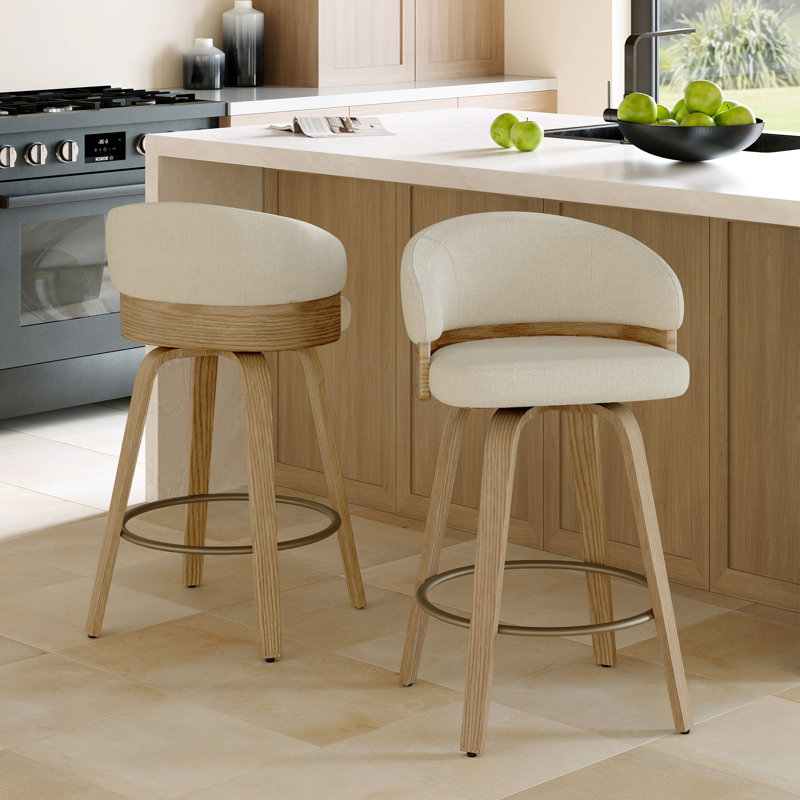 26'' Swivel Upholstered Counter Stool With Wood Frame, Beige Seat/Oak Frame, Counter Stool (26” Seat Height)