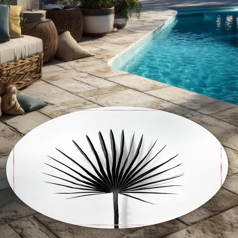 Cabbage Palm Leaf Rug with Rose Lines | White Botanical Decor