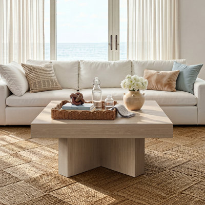 Table basse 33,4 po carrée pour le salon, table centrale en bois avec un grand plateau de table et une base piédestal, gris chêne blanc