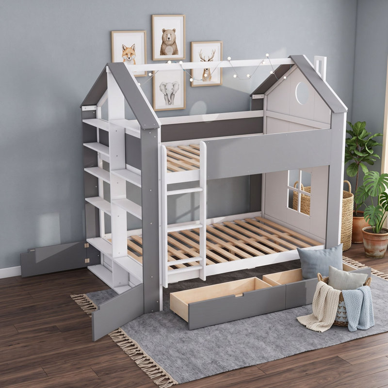Lit superposé double au-dessus de double avec tablettes, tiroirs de rangement, bande lumineuse à DEL intégrée, Blanc gris