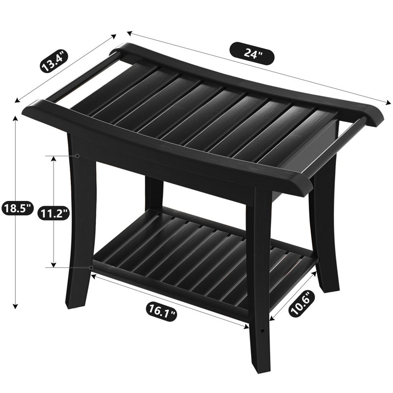 24'' W Bamboo Shower Bench, 18.5" H x 24" W x 13.4" D, Black