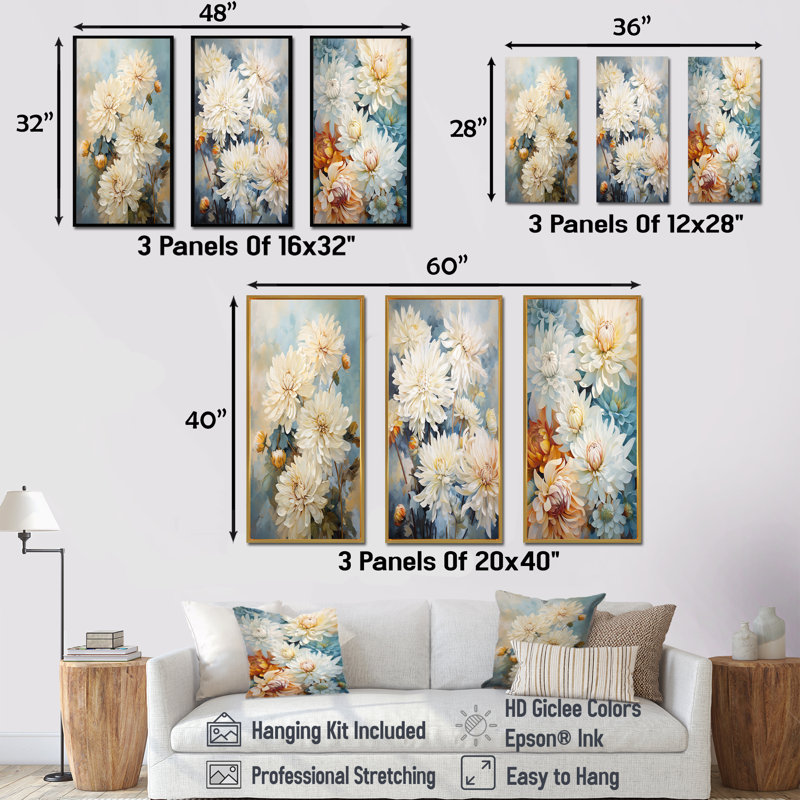 «Beige Mums In Bouquet Bliss» - ensemble de salon mural 3 mamans, Cadre flottant doré, H 28 po x l 36 po