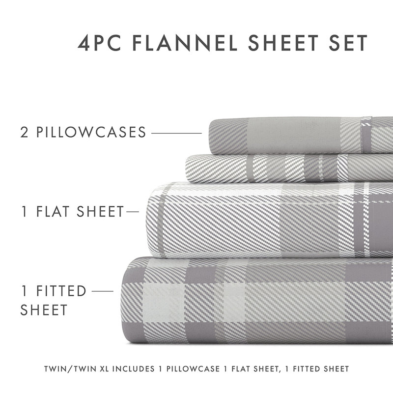 Sheet Set 100% Cotton Patterned Flannel Super Soft Bedding, Twin Sheet Set with 2 Additional Pieces, Light Gray Plaid