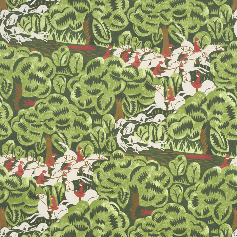 Schumacher X The New Yorker, papier peint de la chasse au renard de Margaret Schloeman, Vert forêt