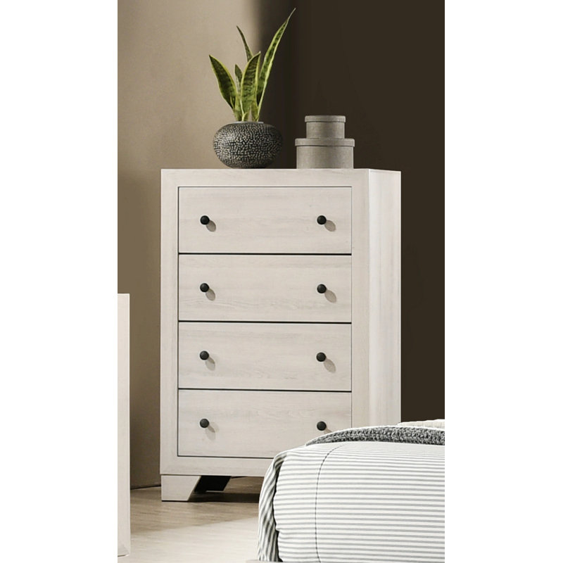Rustic Four-Drawers Storage Tall Chest For Bedroom, White Washed