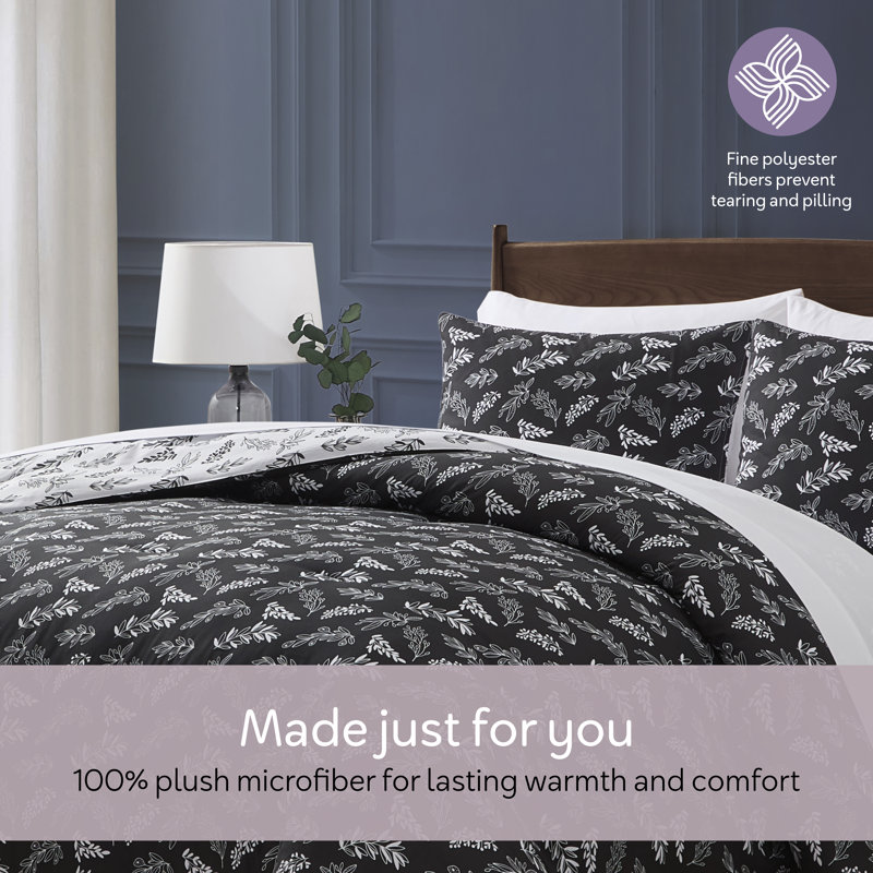 Nestl Botanical Bed in a Bag 7 piece Comforter Set with Sheets & Pillow Shams, Jet Black/Optical White