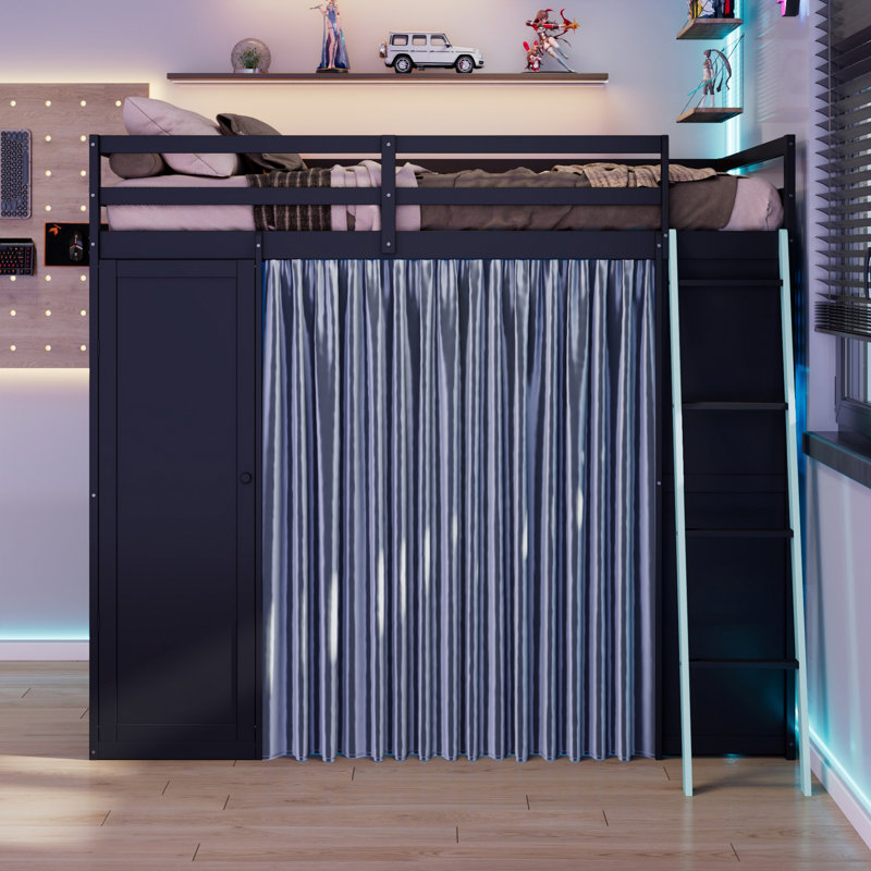 Lit mezzanine en bois avec garde-robe, tablettes et lumières RVB, Noir / Bleu