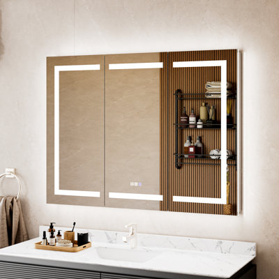 Armoire à pharmacie DEL 42 po x 36 po avec miroir, double éclairage avant et arrière, encastré ou en saillie, antibuée, lumière à intensité variable, cadre en aluminium antirouille